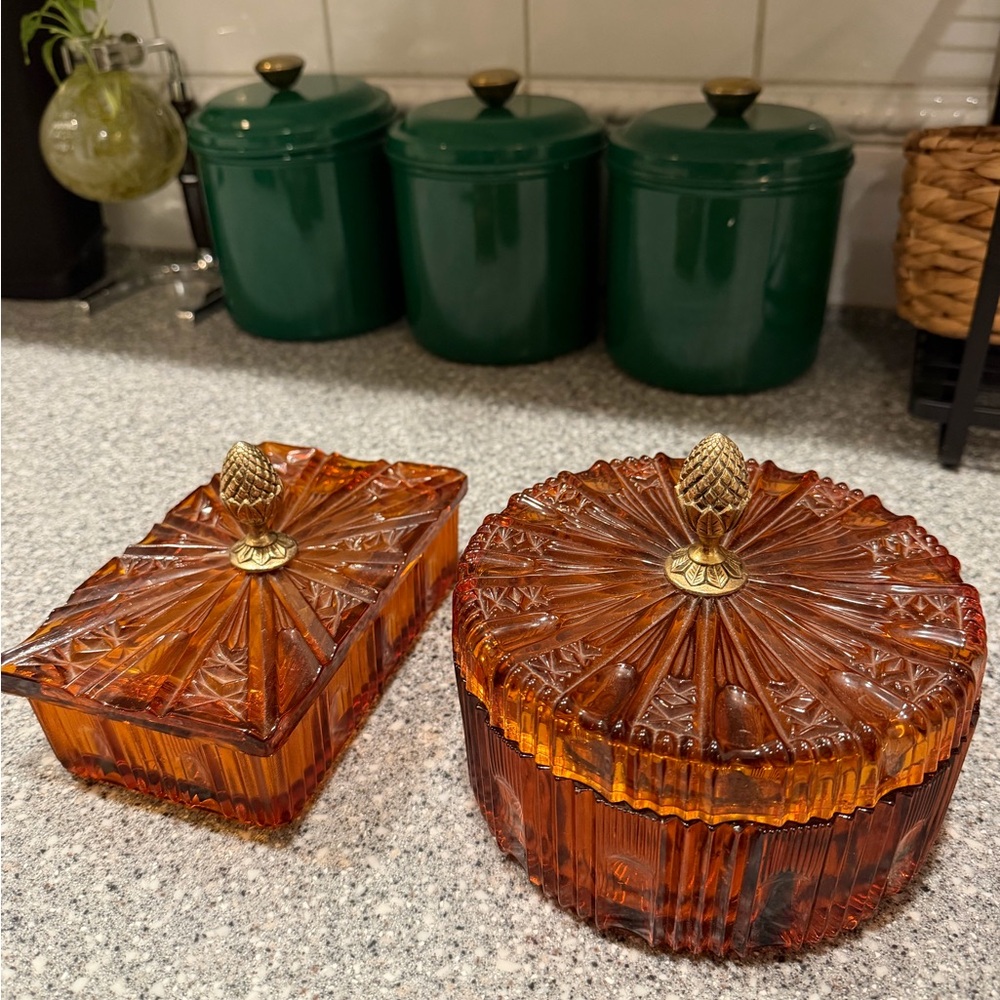 Vintage Amber Glass Round And Rectangular Trinket Boxes Decorative handles